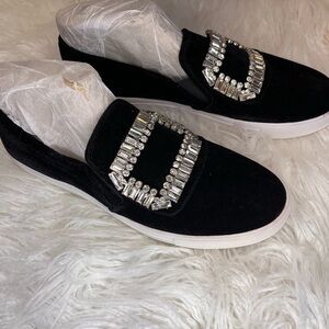 Karl Lagerfeld Black Velvet Loafers with Rhinestones